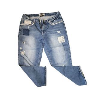 Love Indigo Floral Lace Distressed Skinny Jeans Womens Size 14 Blue Ankle